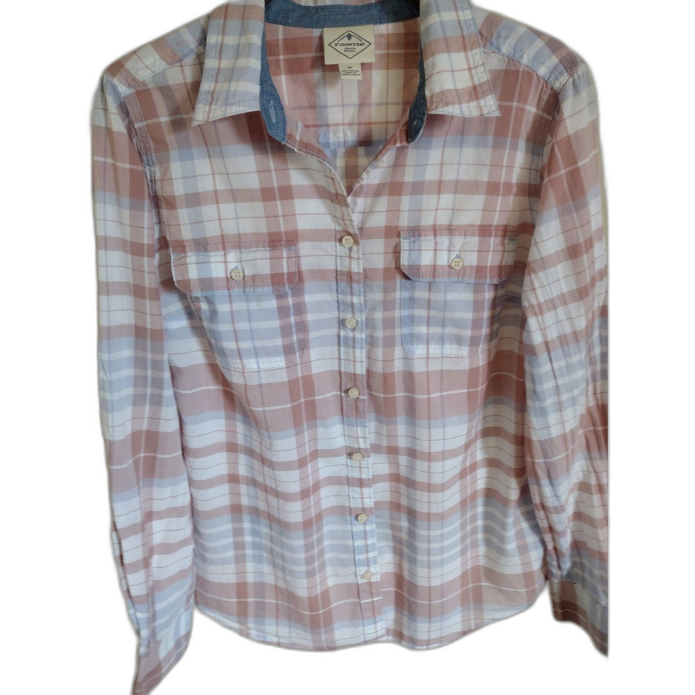 St. John's Bay Blue Red White Plaid Checkered Button-Up Long Sleeve Shirt Sz M